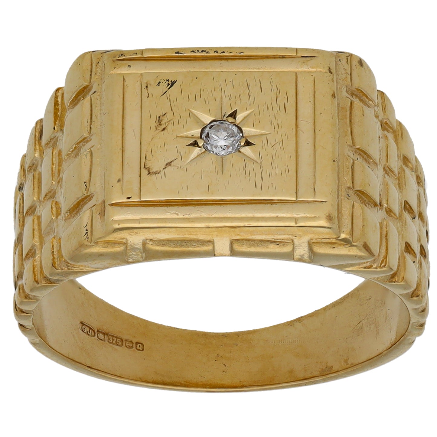 9ct Gold Cubic Zirconia Single Stone Patterned Signet Ring Size V