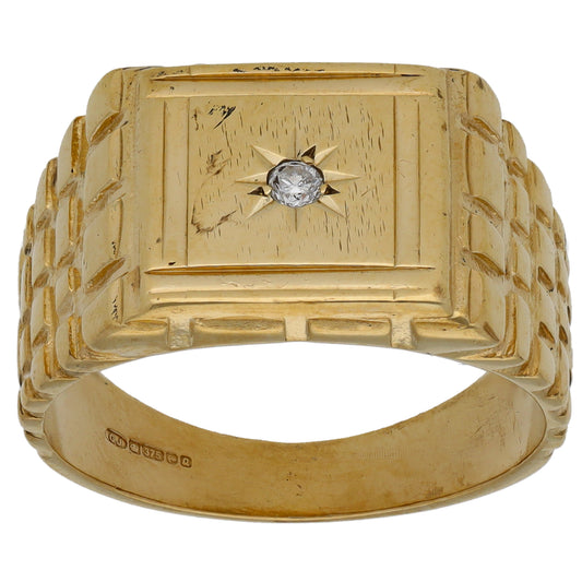 9ct Gold Cubic Zirconia Single Stone Patterned Signet Ring Size V