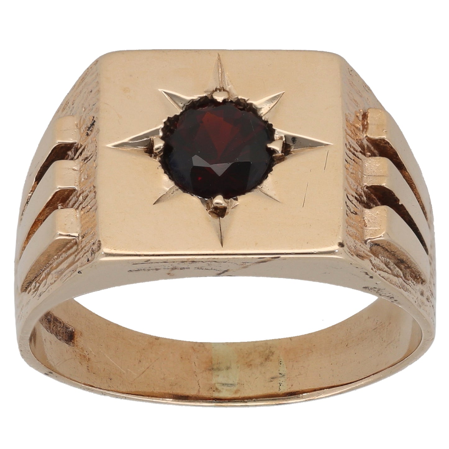 9ct Gold Garnet Patterned Signet Ring Size W