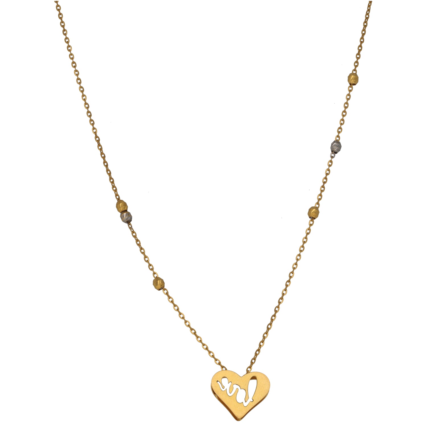 Gold-tone heart pendant necklace on a fine chain with small engraved details