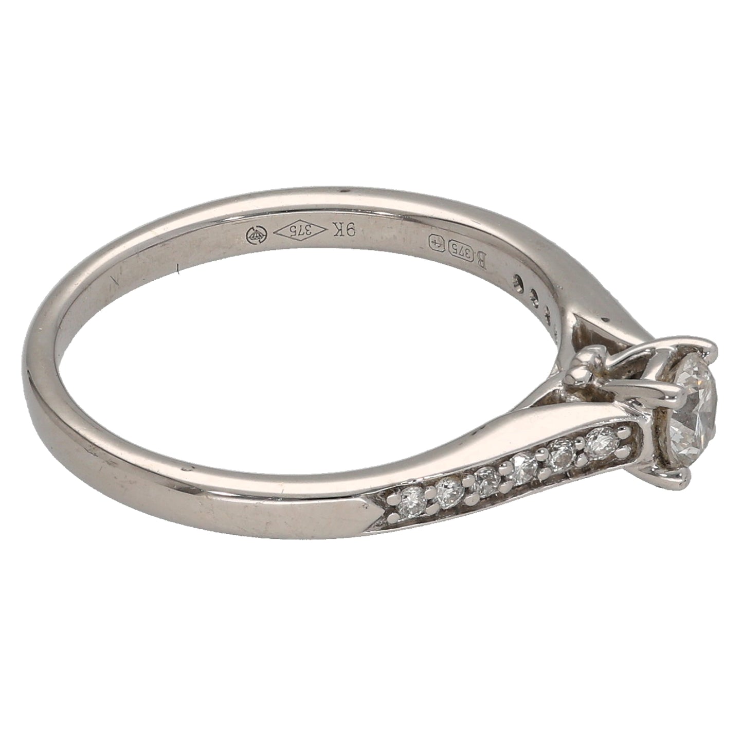 9ct White Gold 0.31ct Diamond Solitaire Ring With Accent Stones Size L