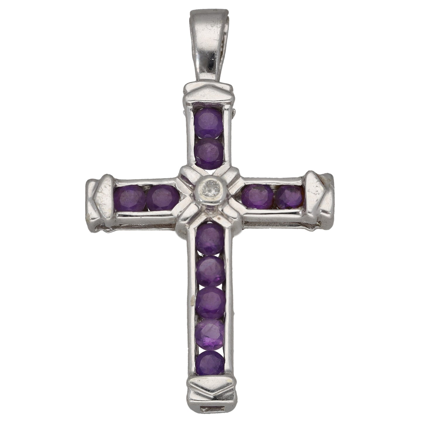 9ct White Gold Amethyst & 0.01ct Diamond Cross Pendant