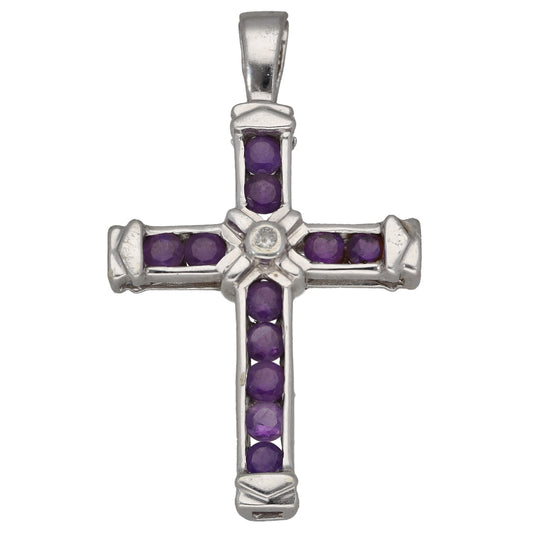 9ct White Gold Amethyst & 0.01ct Diamond Cross Pendant