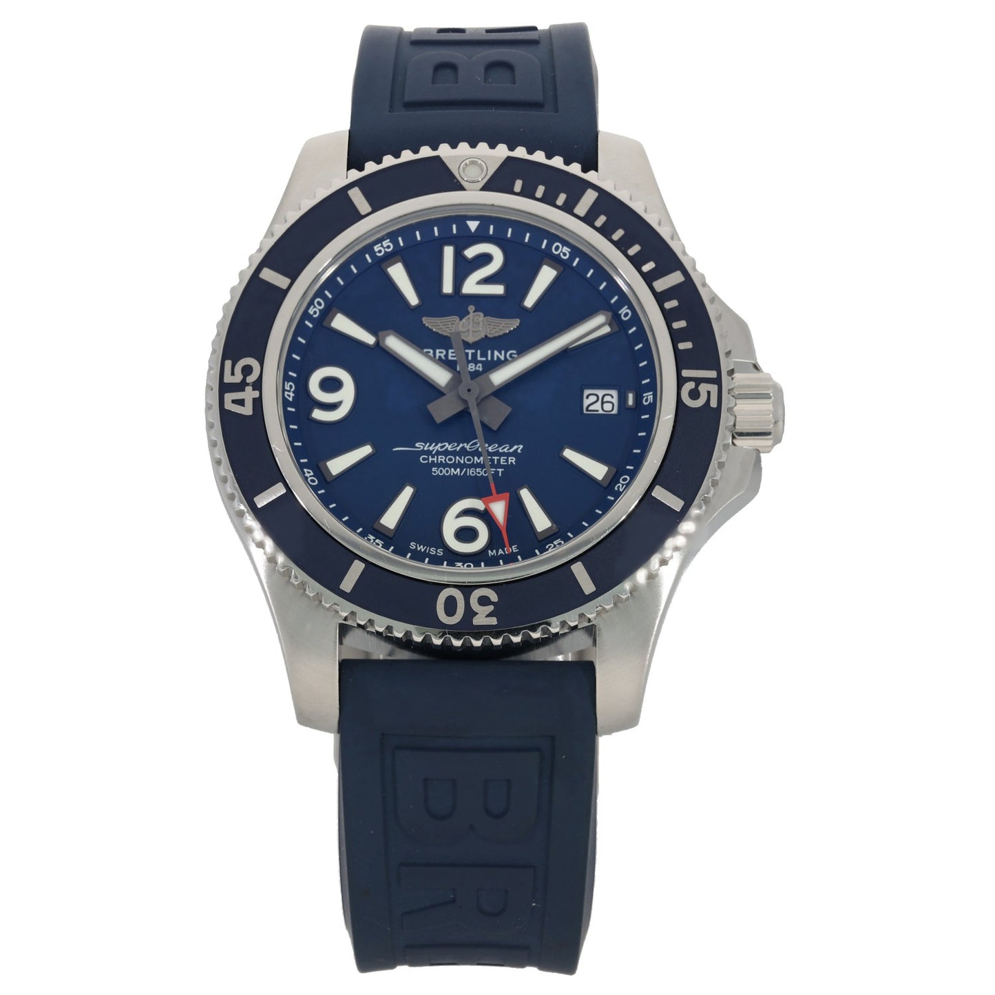 Breitling Superocean Automatic 42 A17366, with blue rubber bracelet and blue dial inside a stainless steel case.