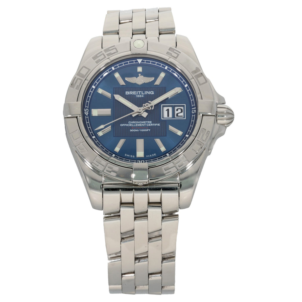 Breitling Galactic A49350 Stainless steel wristwatch with blue dial and metal link bracelet, date window