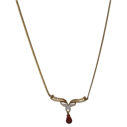 9ct Gold Garnet & 0.01ct Diamond Fancy Necklace 14"