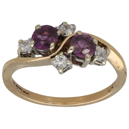 9ct gold ring with oval purple gemstone and clear cubic zirconia clusters, size M