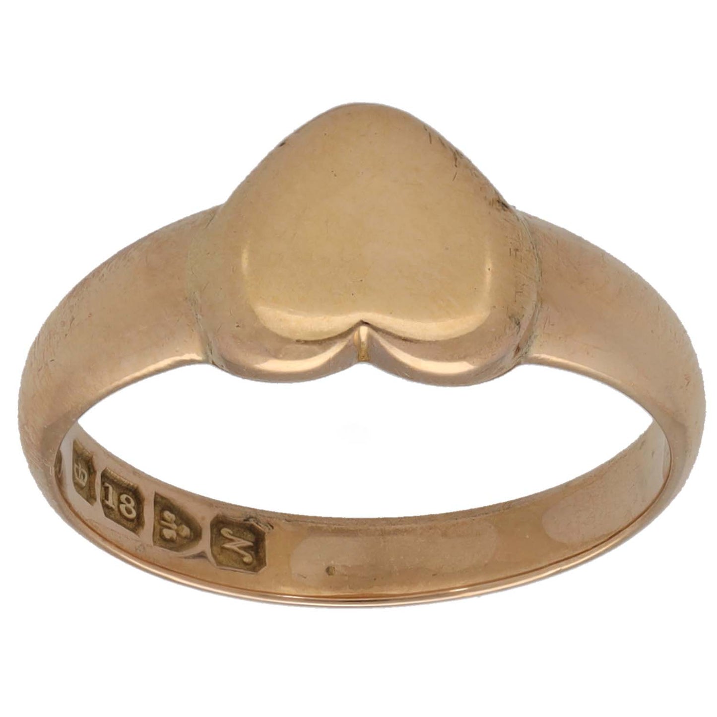 18ct gold plain signet ring with raised curved top, inner hallmarks visible