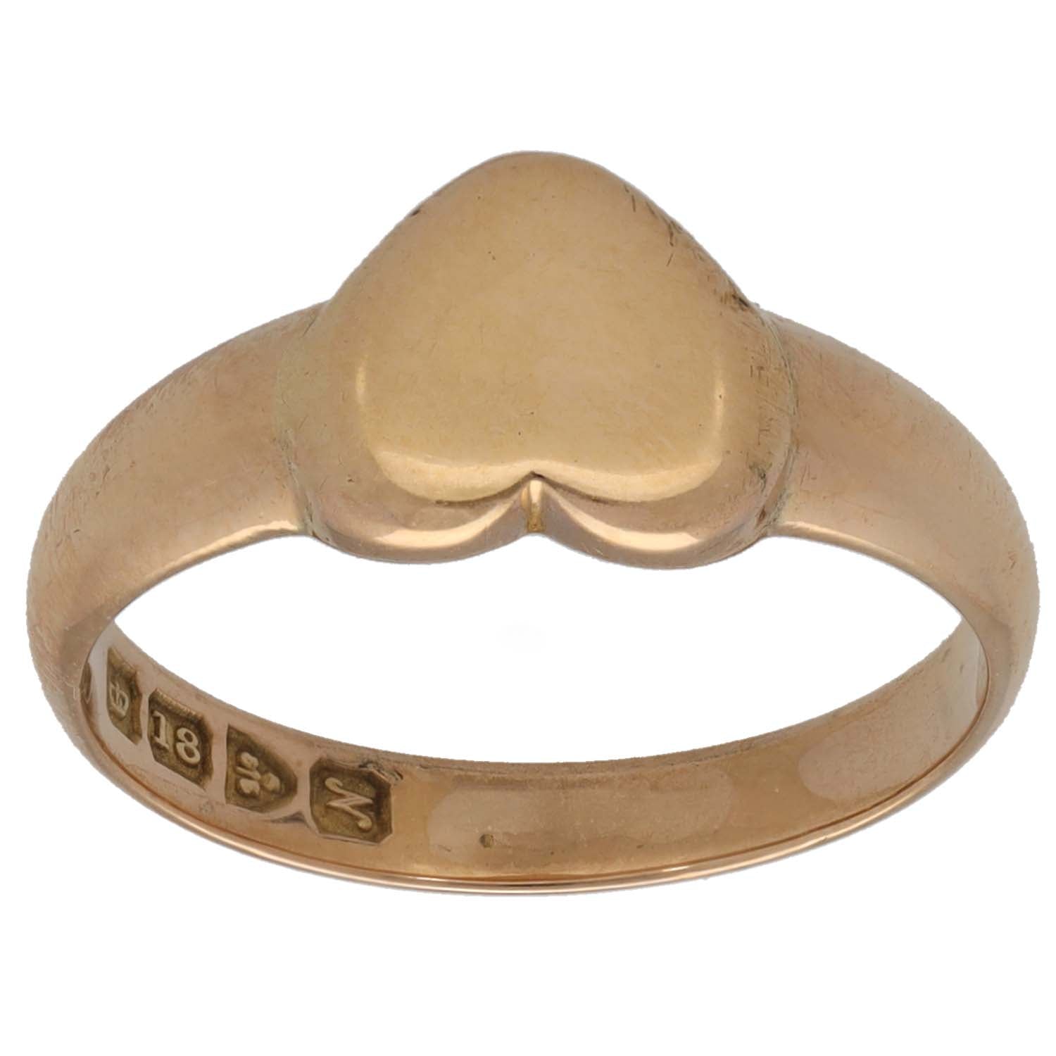 18ct gold plain signet ring with raised curved top, inner hallmarks visible