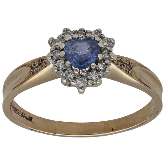 9ct gold ring with round sapphire center and diamond halo