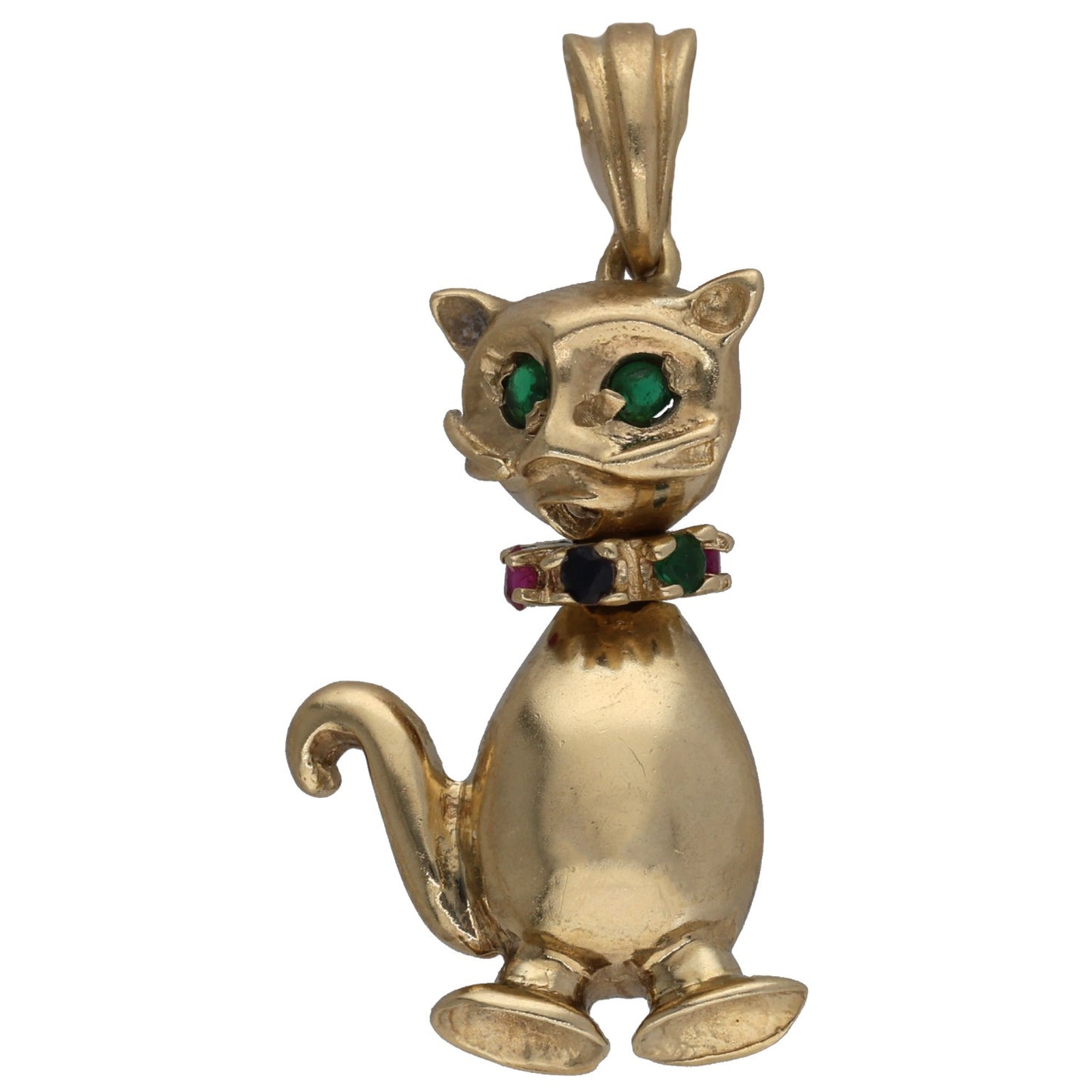 Gold cat animal pendant with green gemstone eyes and colored stones on chest