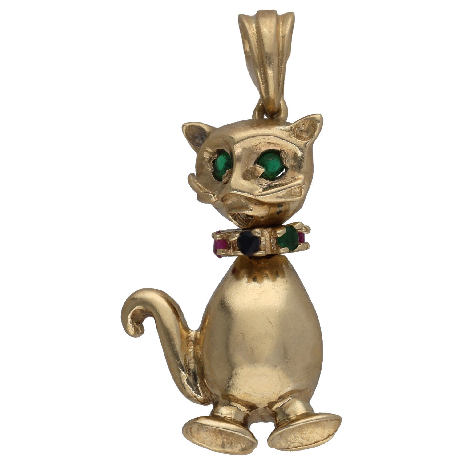 Gold cat animal pendant with green gemstone eyes and colored stones on chest