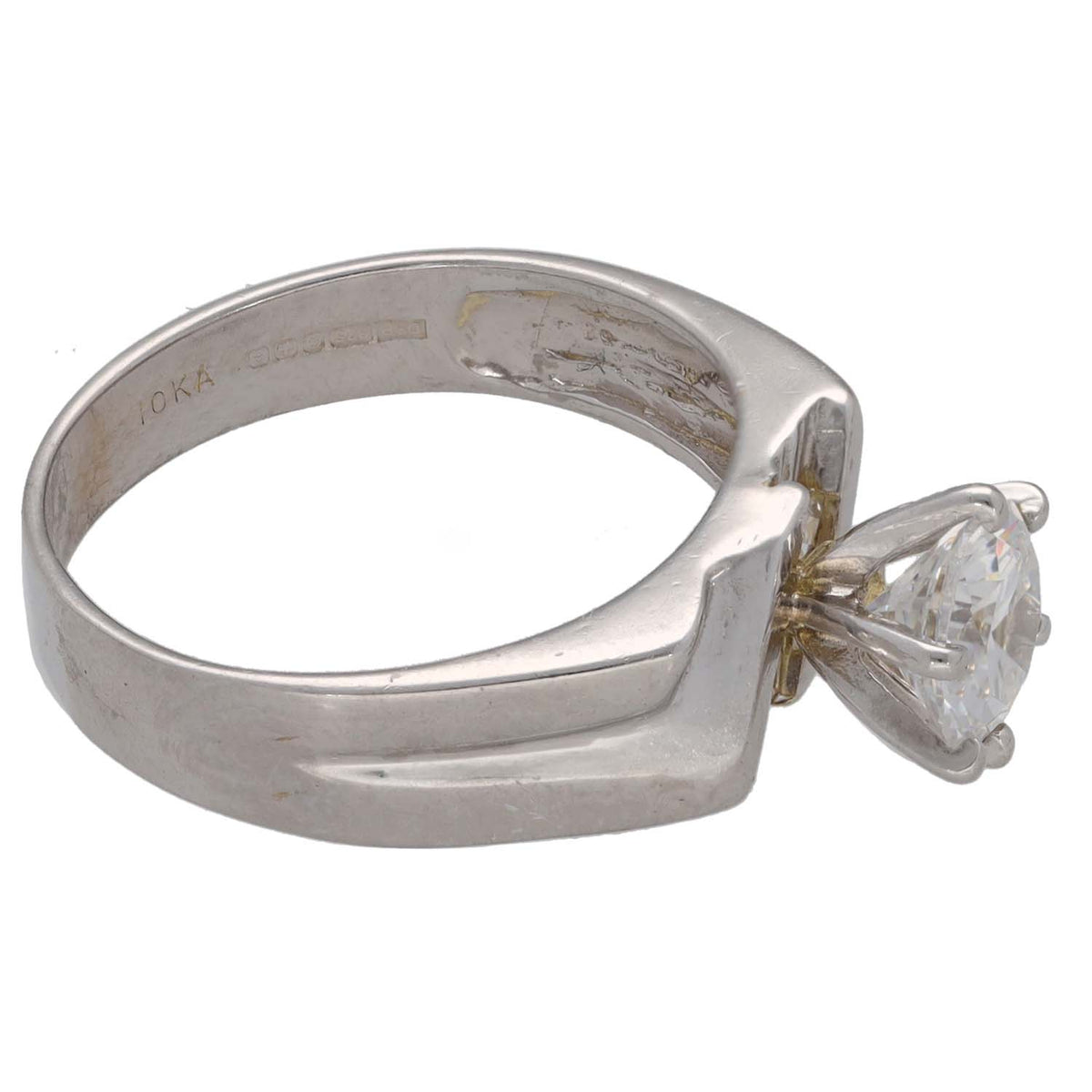 9ct white gold ring with round clear CZ side profile and raised prong band
