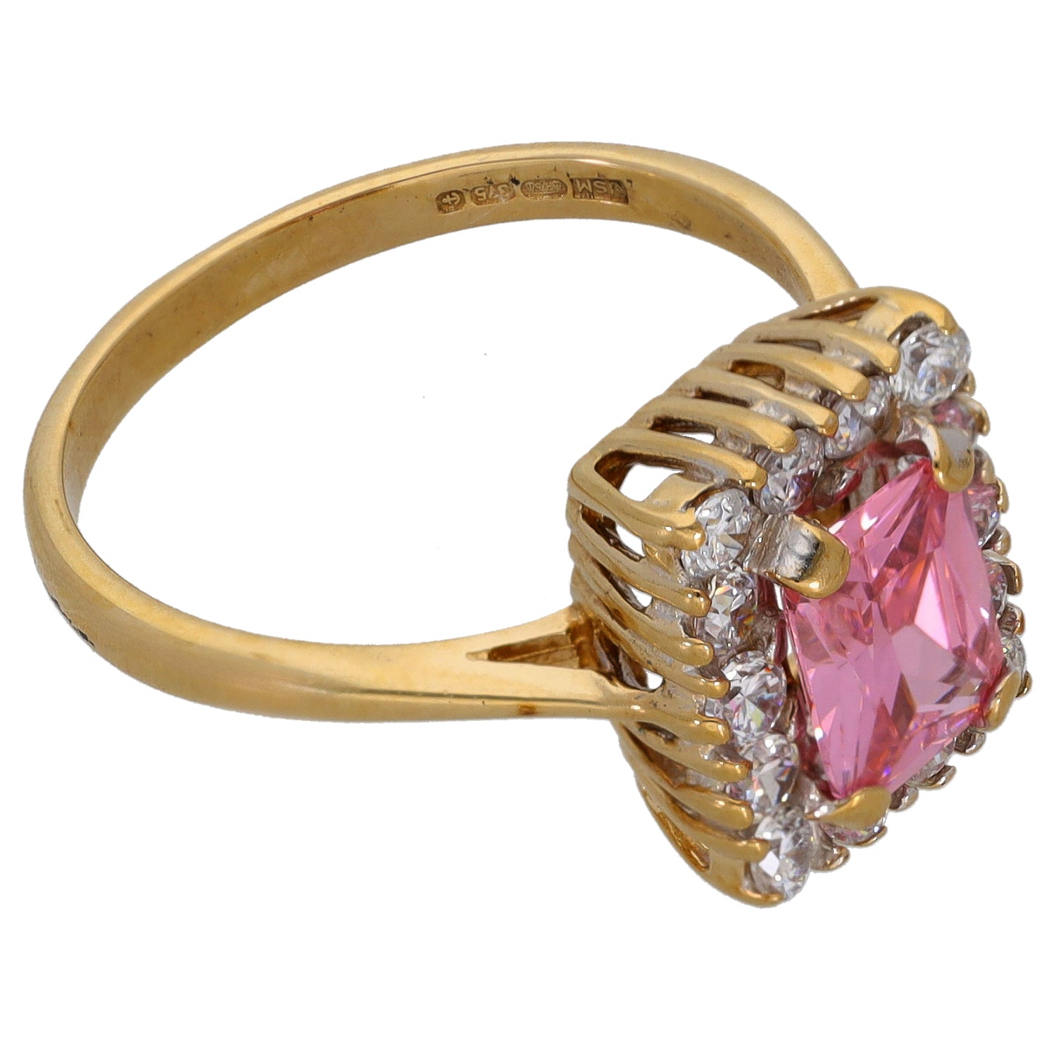 9ct gold CZ cocktail ring, size O, pink oval center with clear stone halo