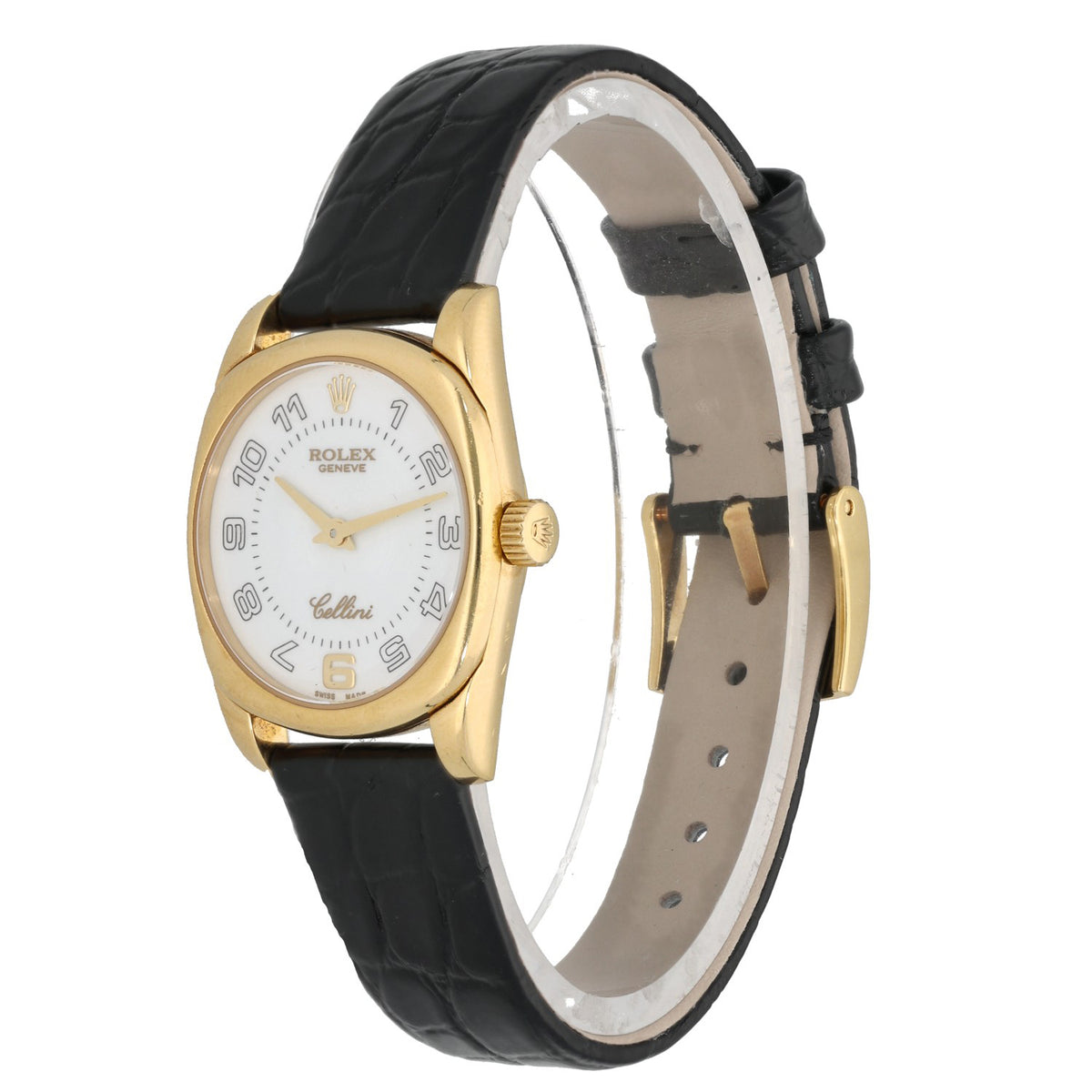 Rolex Cellini Danaos 6229/8 watch side view: gold case and crown, black leather strap