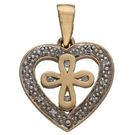 Heart-shaped gold pendant with clover-style diamond detail and round border