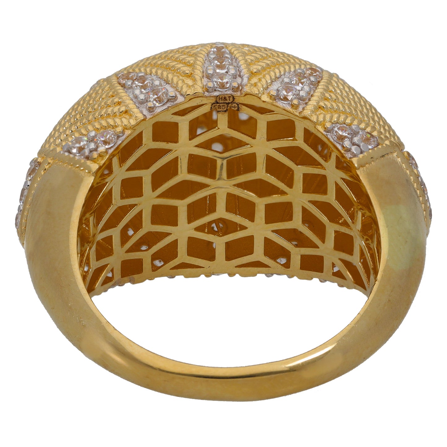 14ct gold ring with clear stone accents and open geometric lattice band