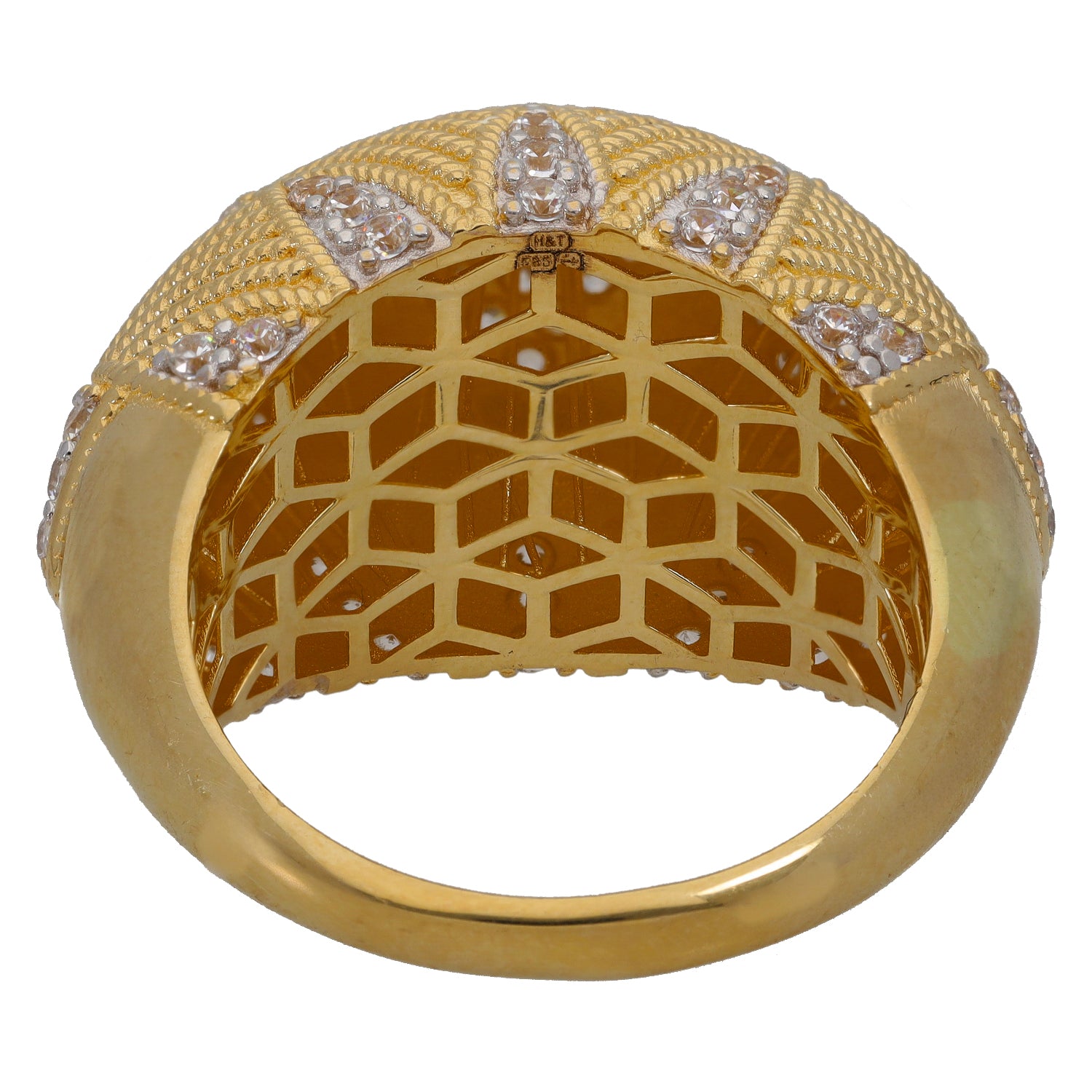 14ct gold ring with clear stone accents and open geometric lattice band