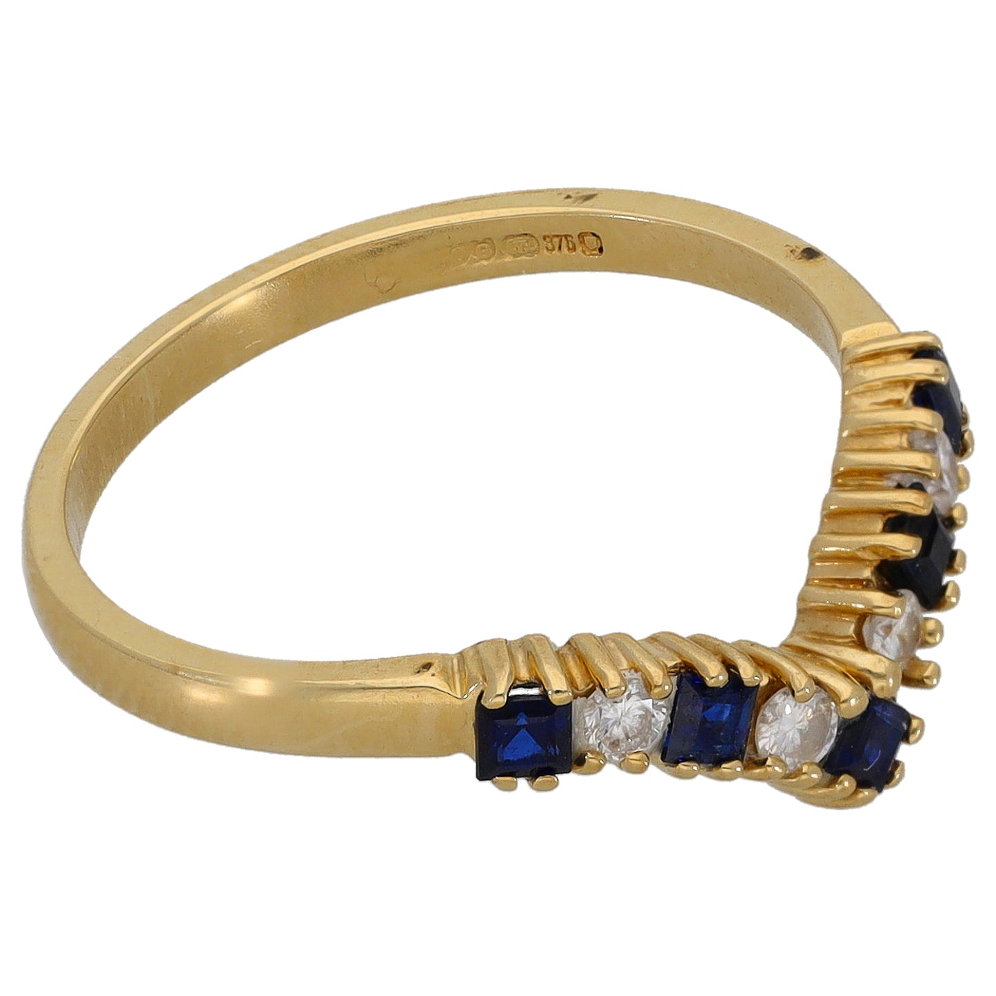 9ct Gold Sapphire & 0.12ct Diamond Wishbone Ring Size M