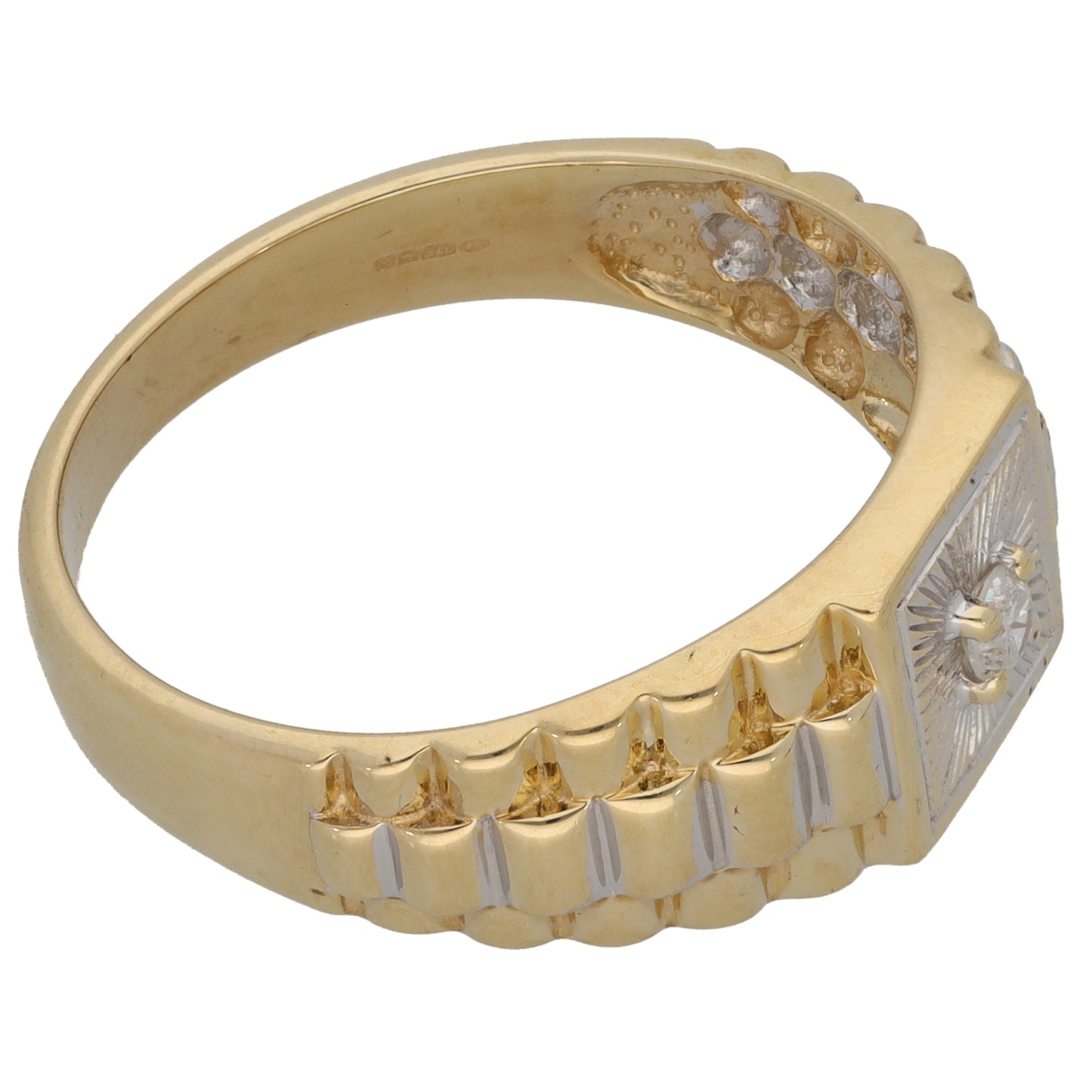 9ct Bi-Colour Gold 0.08ct Diamond Patterned Signet Ring Size V