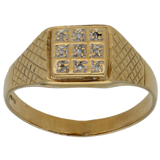 9ct Gold 0.045ct Diamond Patterned Signet Ring Size X