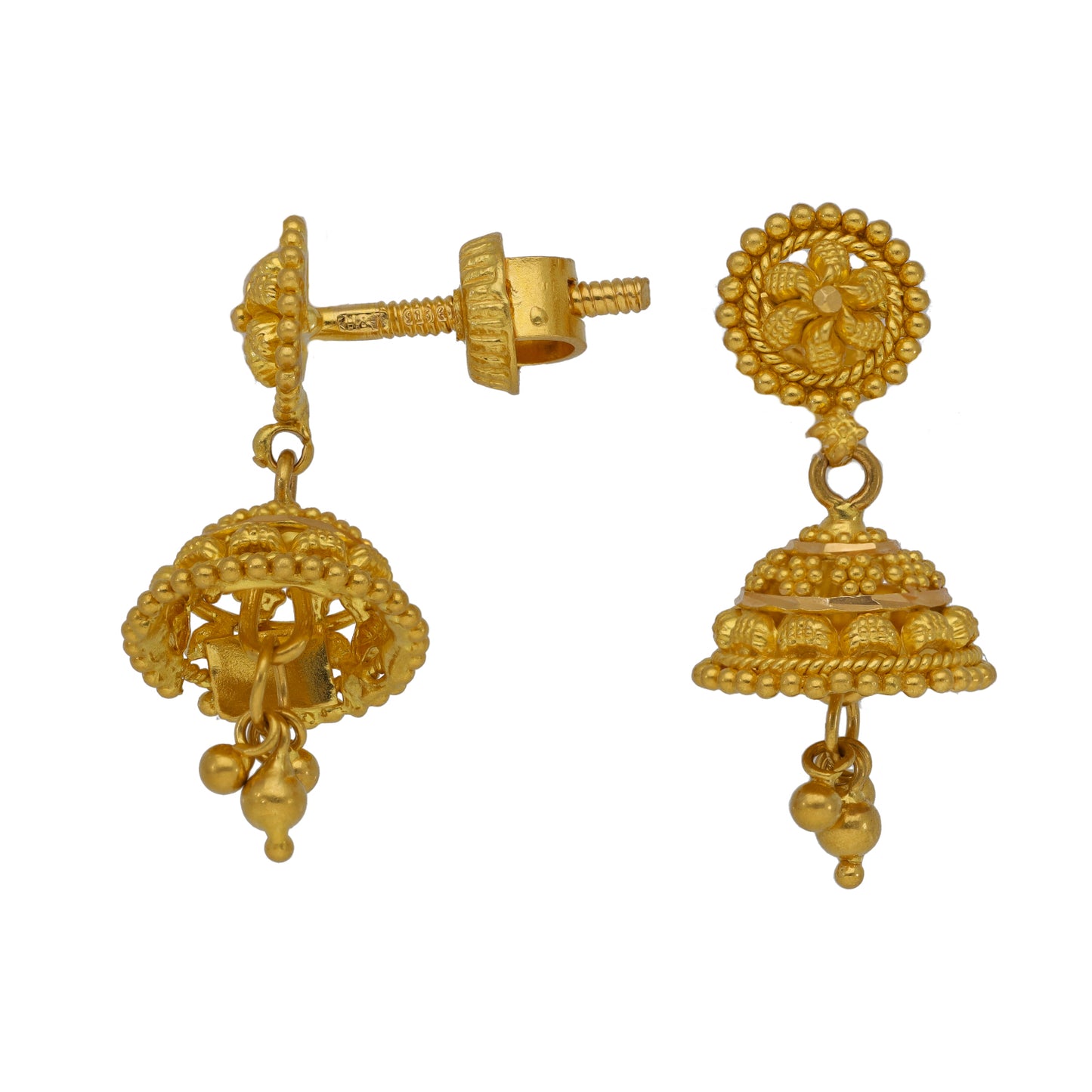 22ct Gold-tone jhumka drop earrings with round stud and bell tassel dangle