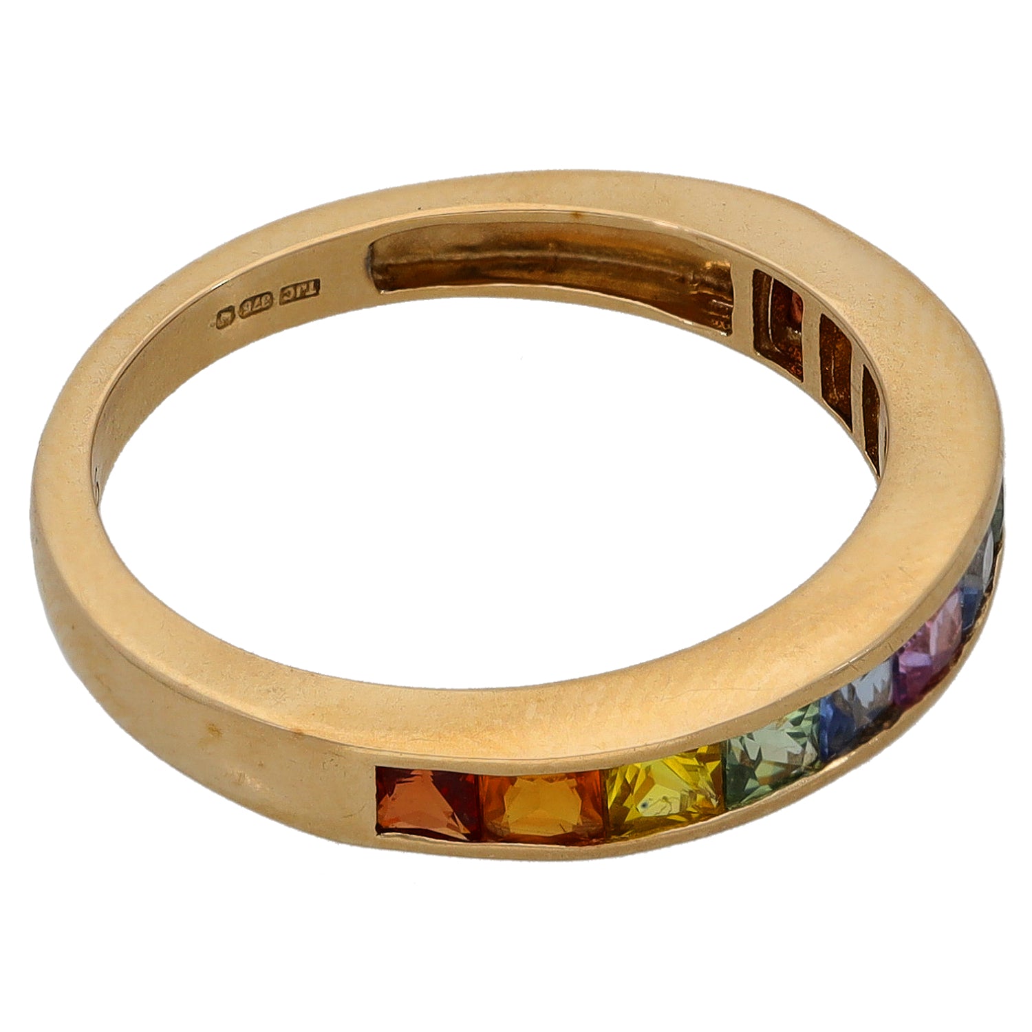 9ct gold half eternity ring with rainbow-colored gemstones, inner hallmark text