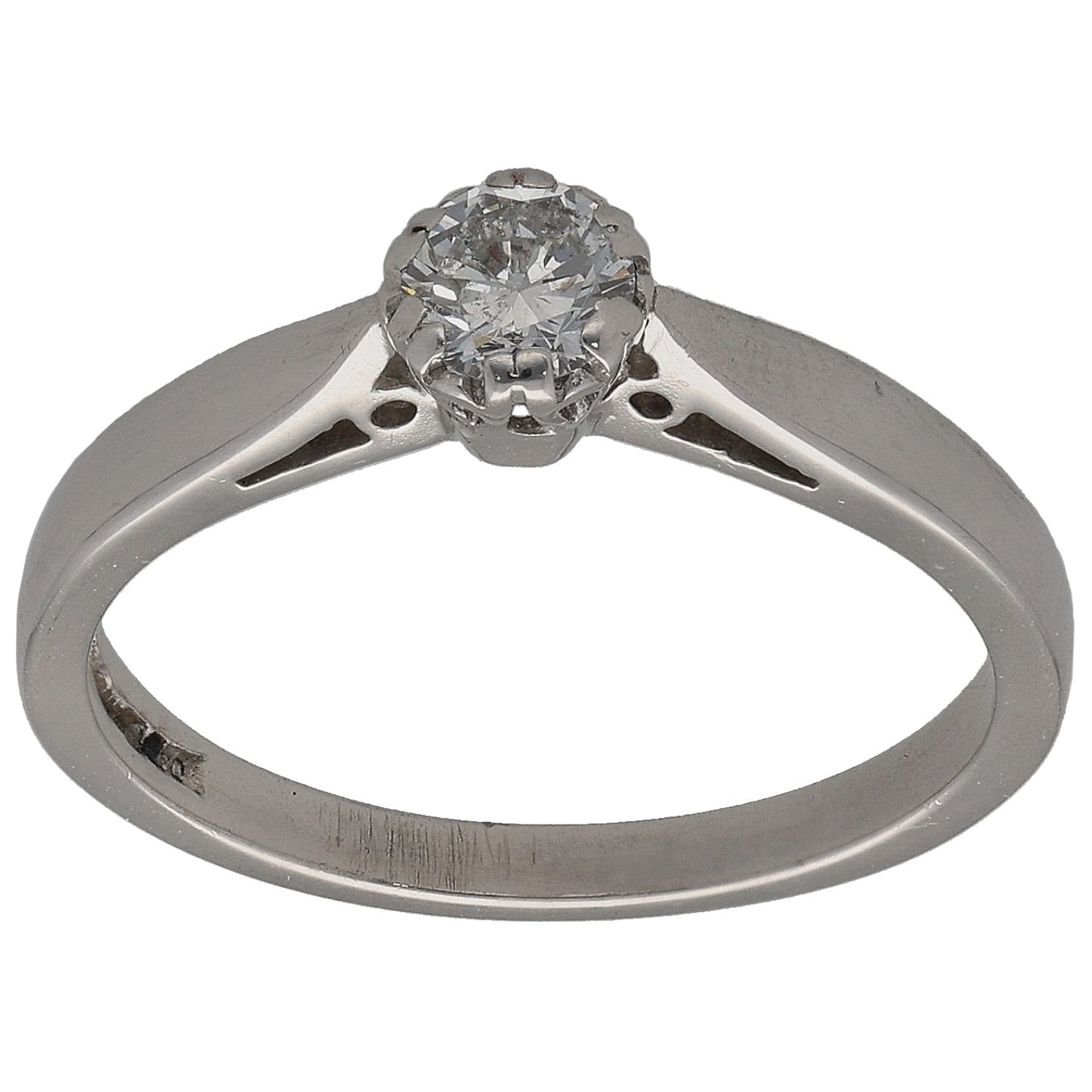 Platinum round diamond solitaire ring with four-prong setting and open side cutouts