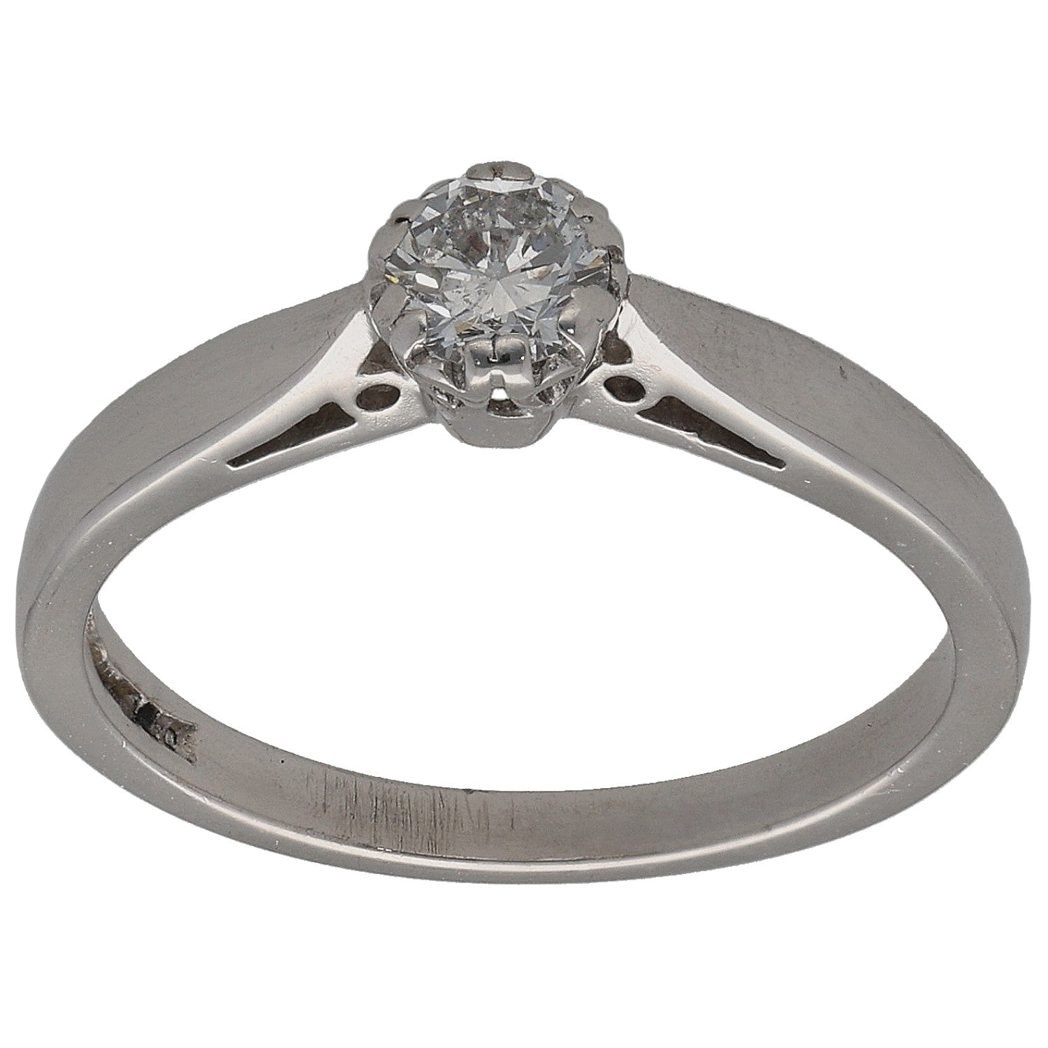Platinum round diamond solitaire ring with four-prong setting and open side cutouts