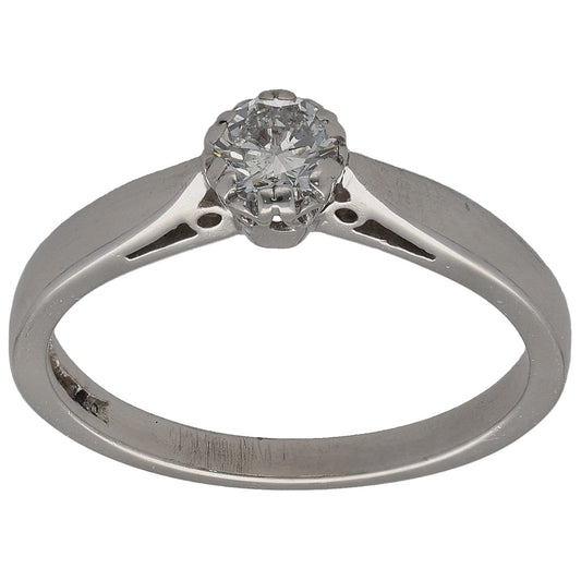 Platinum round diamond solitaire ring with four-prong setting and open side cutouts