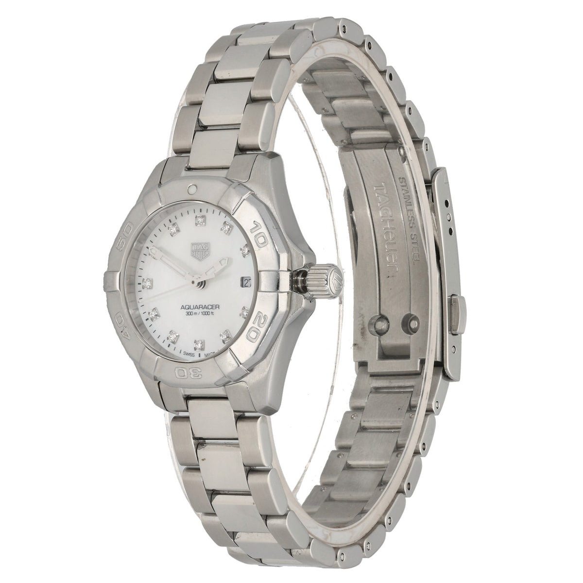 Tag Heuer Aquaracer WBD1414 Stainless steel wristwatch side view with crown and links bracelet