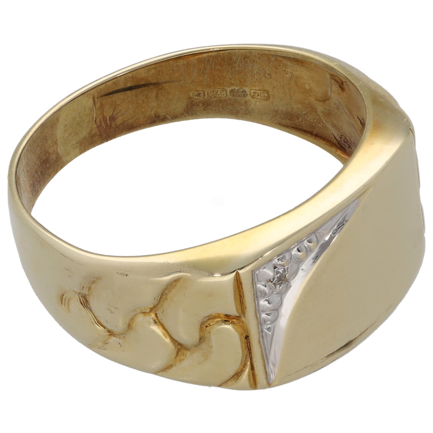 9ct Gold 0.005ct Diamond Single Stone Patterned Signet Ring Size Q