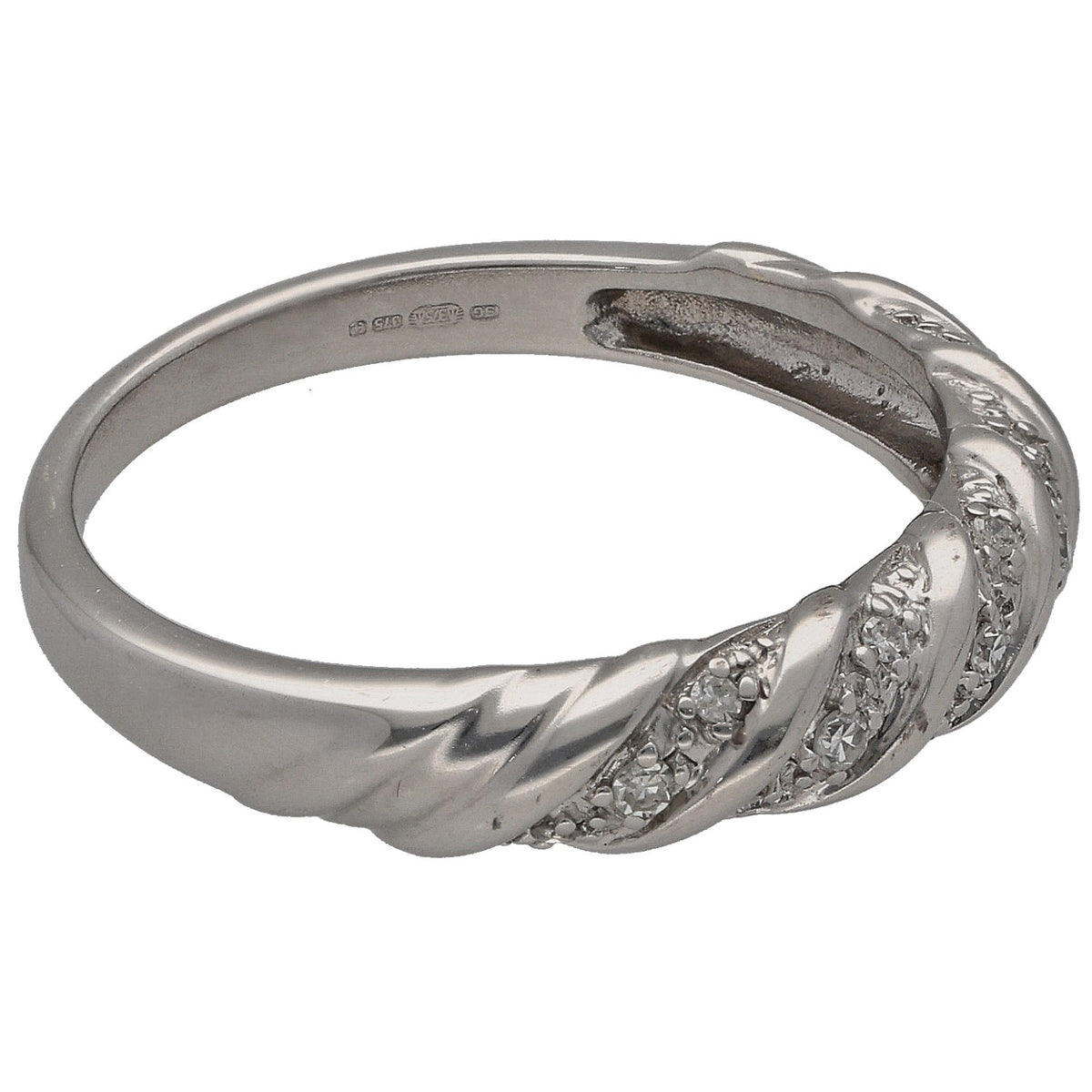9ct white gold half eternity ring with round diamonds in a raised wave setting