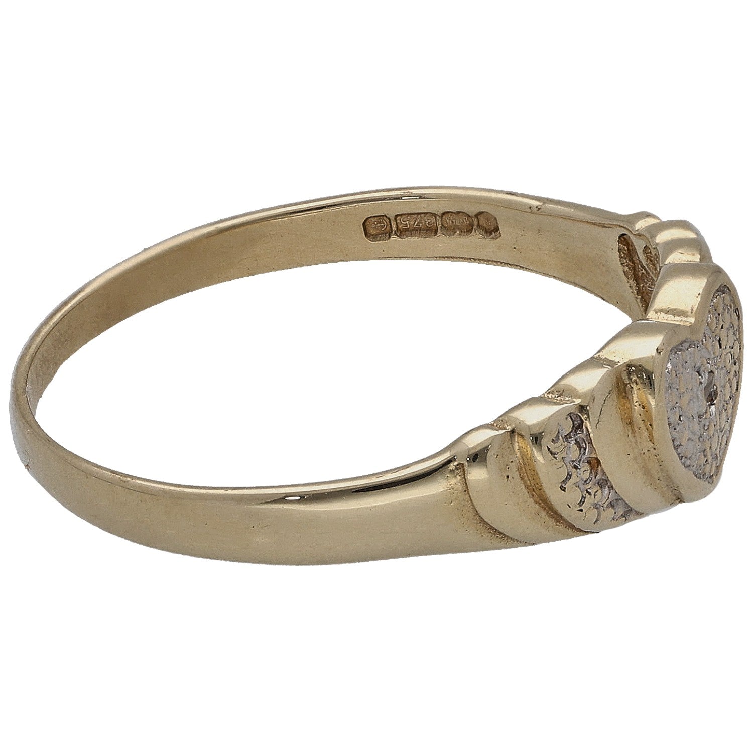 9ct gold signet ring side view with heart detail and stamped inside band