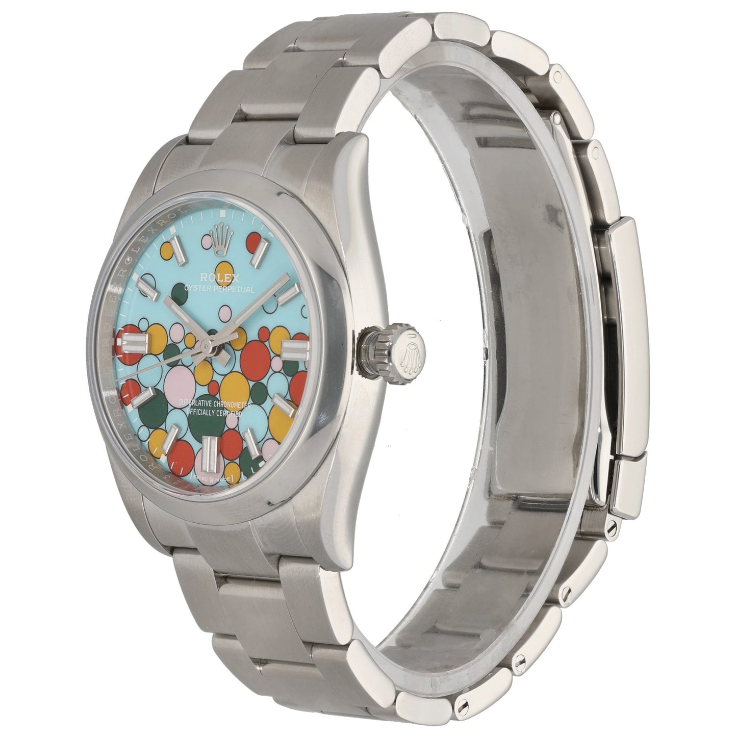 Stainless steel Rolex Oyster Perpetual 126000 watch side view, colorful dial, metal bracelet