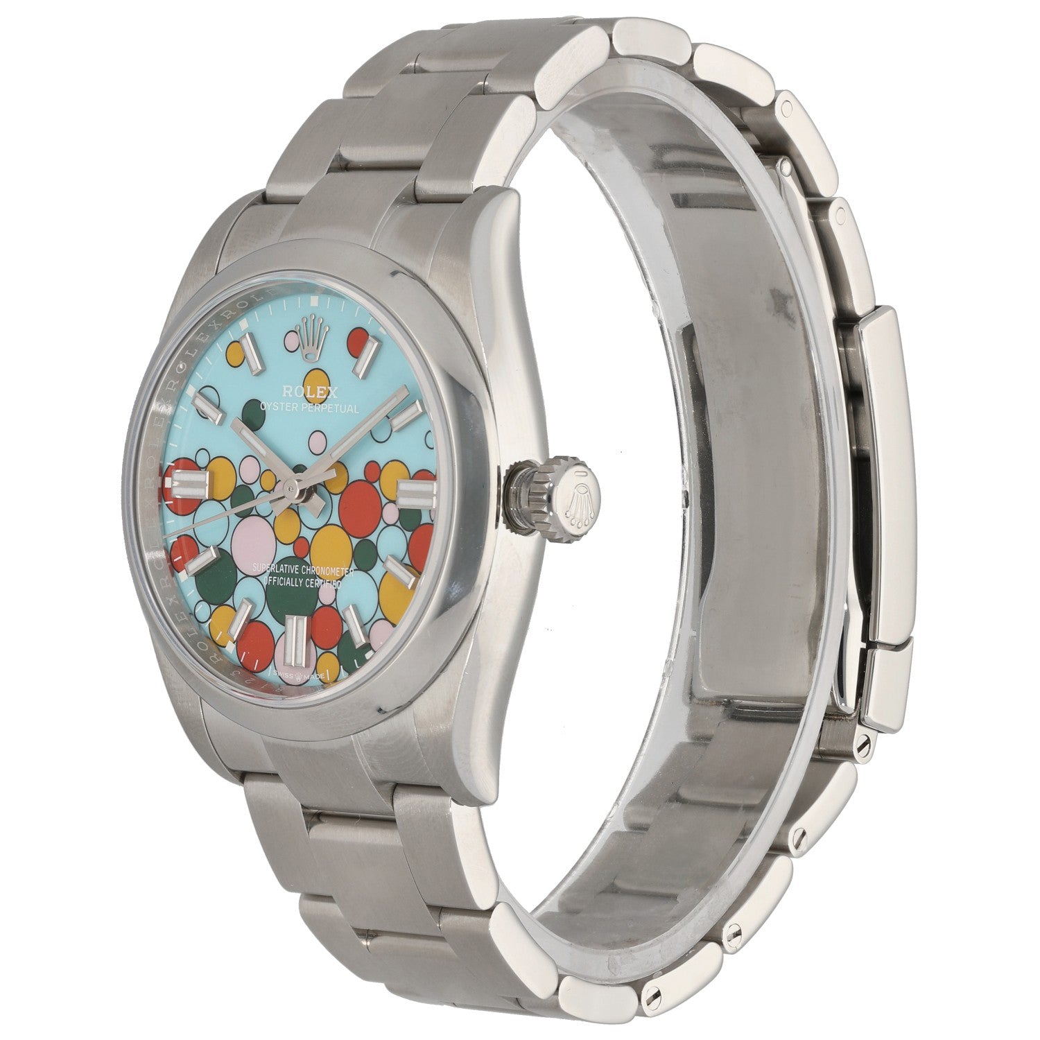 Stainless steel Rolex Oyster Perpetual 126000 watch side view, colorful dial, metal bracelet