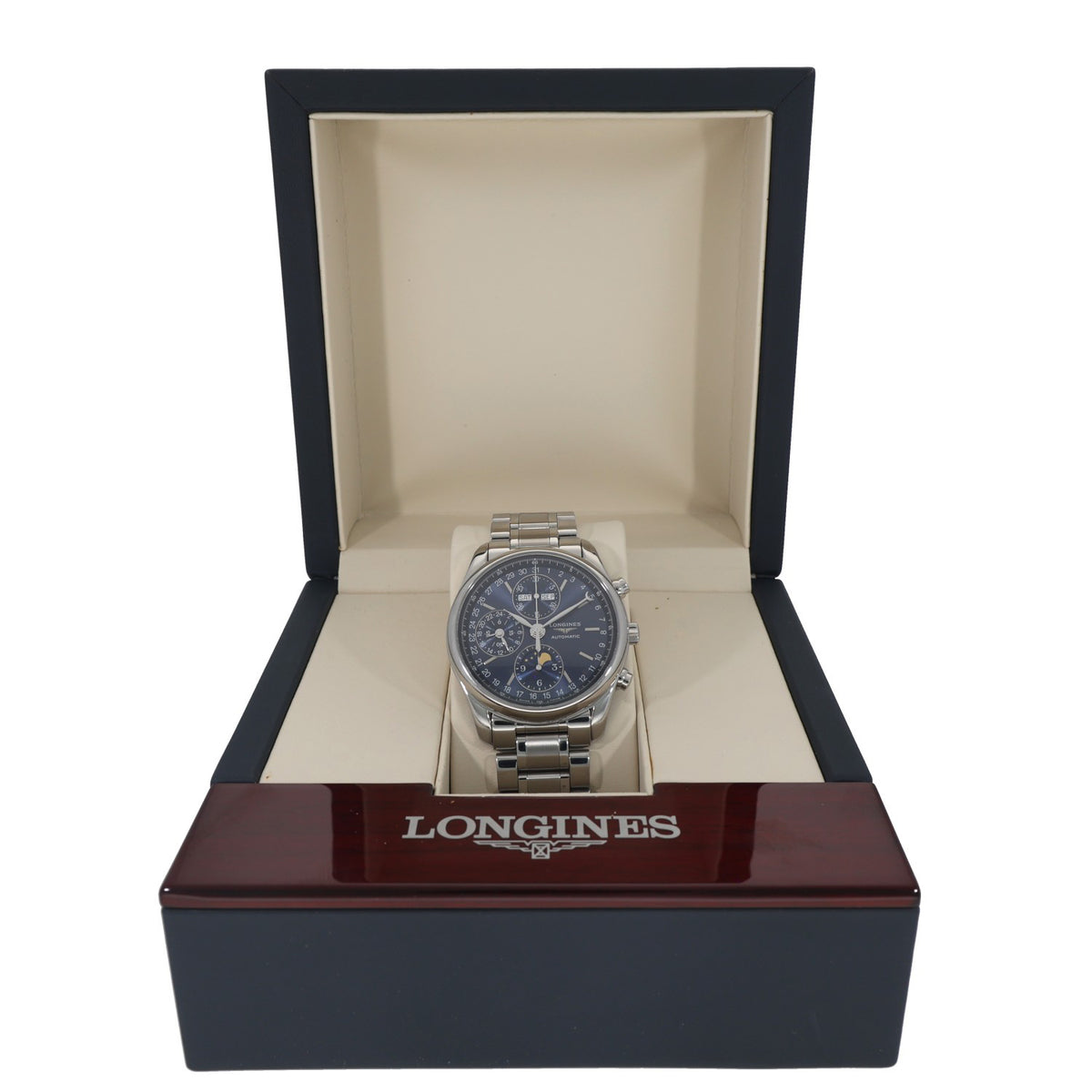 Longines Master Collection L2.673.4, blue dial with subdials and moonphase on stainless steel case and bracelet, in brown and wooeden Longines box