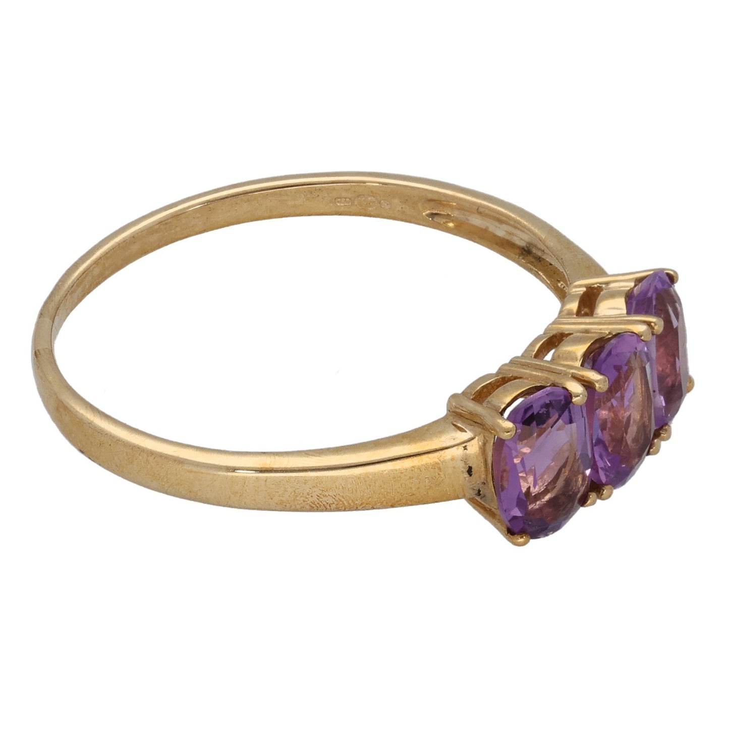 9ct Gold Amethyst Three Stone Ring Size R