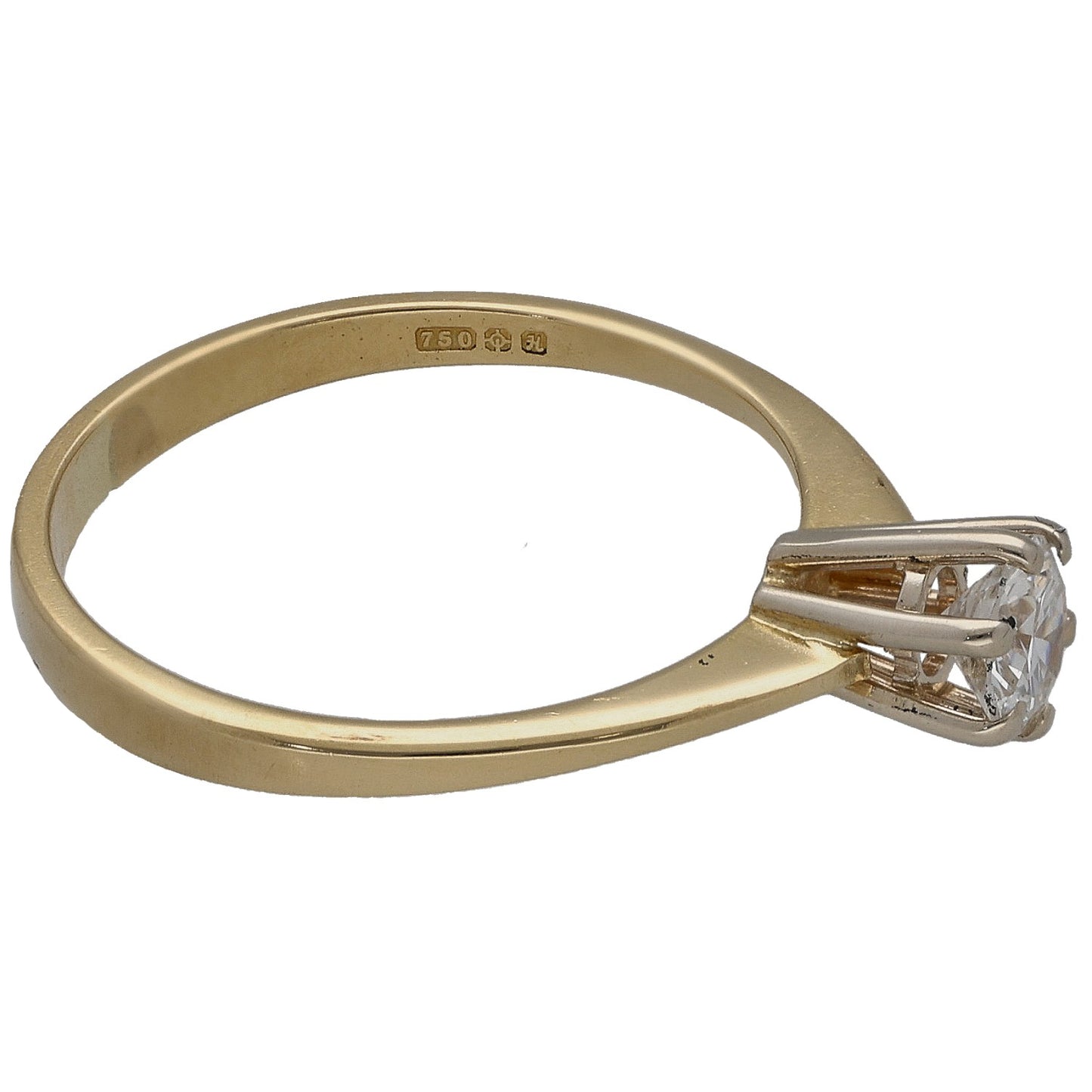 Gold solitaire diamond ring, side view with round stone in prong setting
