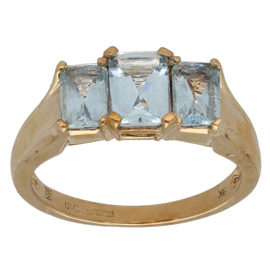 9ct Gold Aquamarine Three Stone Ring Size P