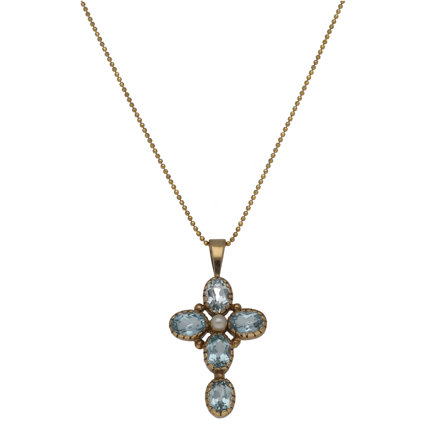 9ct Gold Cultured Pearl & Topaz Cross Pendant With Chain