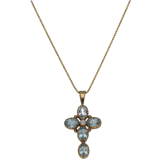 9ct Gold Cultured Pearl & Topaz Cross Pendant With Chain