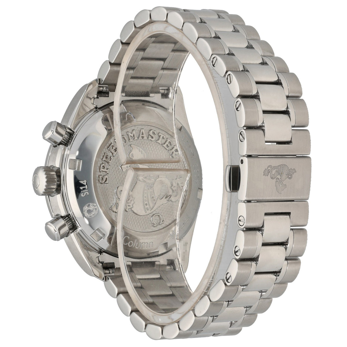 Omega Speedmaster 324.30.38.50.01.001, with 38mm stainless steel case and link bracelet, rear angle