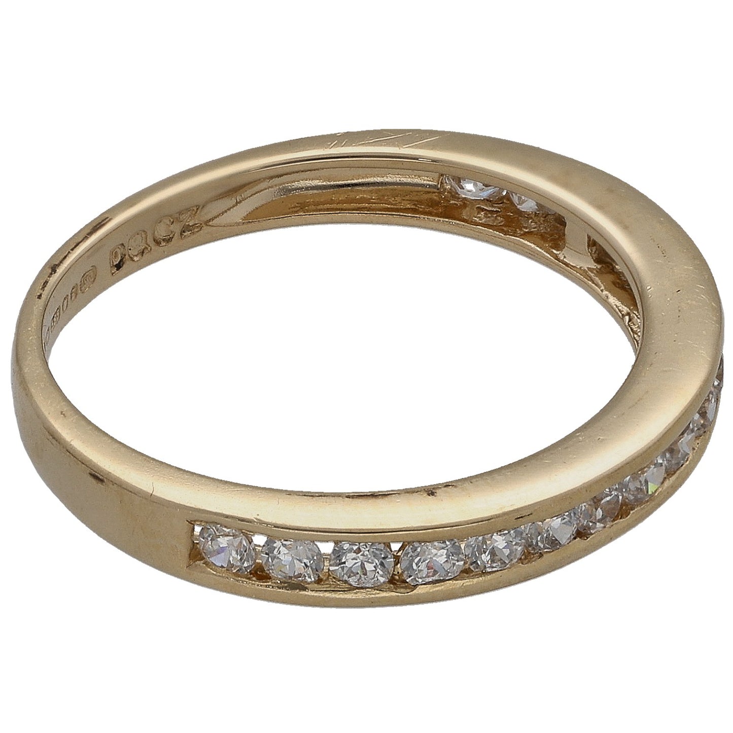 Gold CZ half-eternity ring with stones along the lower half, smooth outer profile