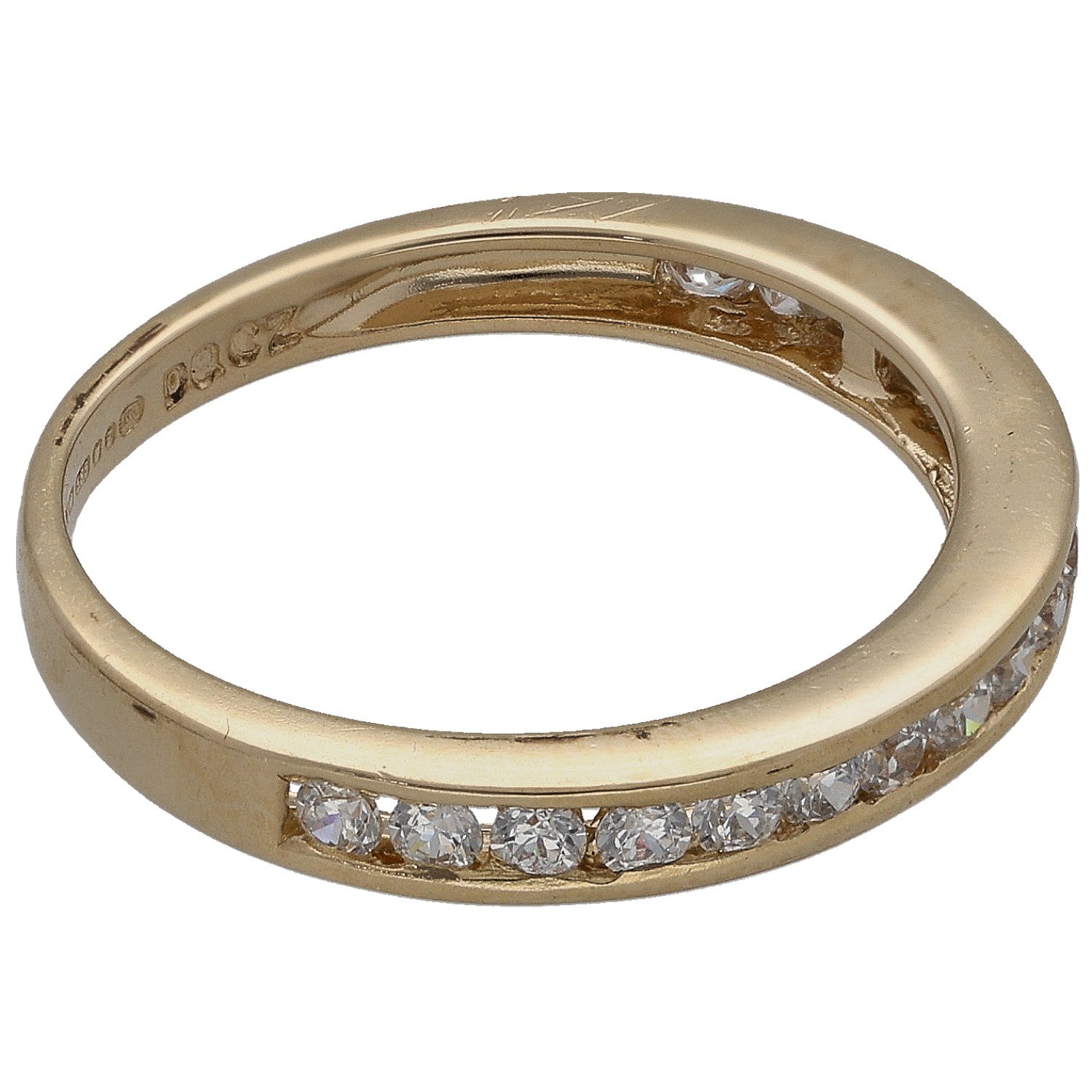 Gold CZ half-eternity ring with stones along the lower half, smooth outer profile