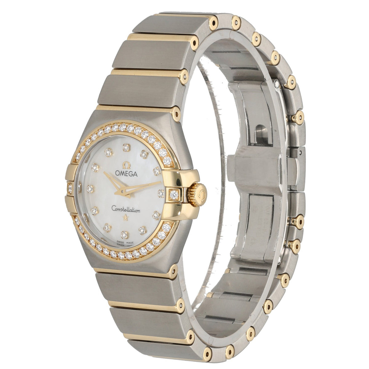 Omega Constellation 123.25.27.60.55.003, white Mother of Pearl dial with a diamond set bezel, front angle image