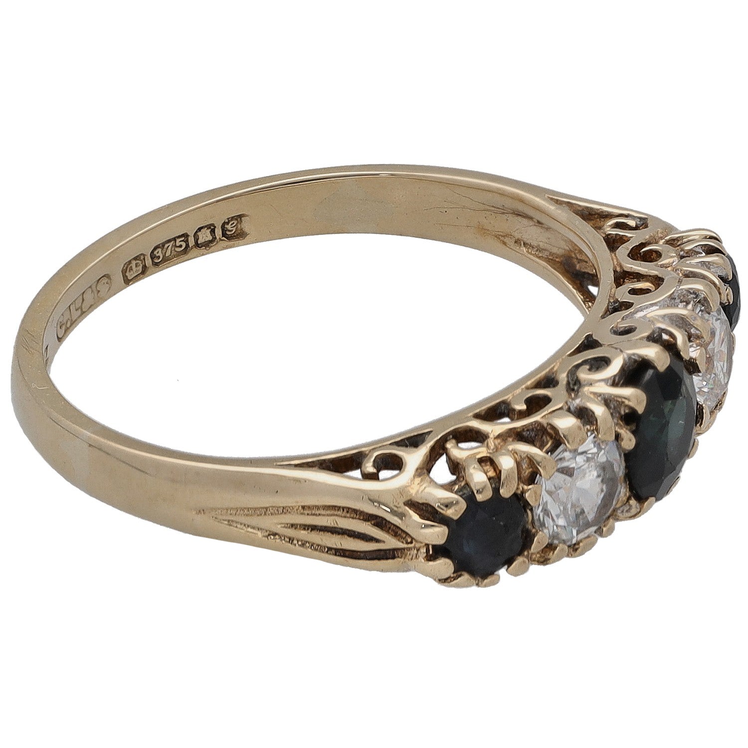 Gold ring band with engraved inside, dark stones and round clear CZ in crown