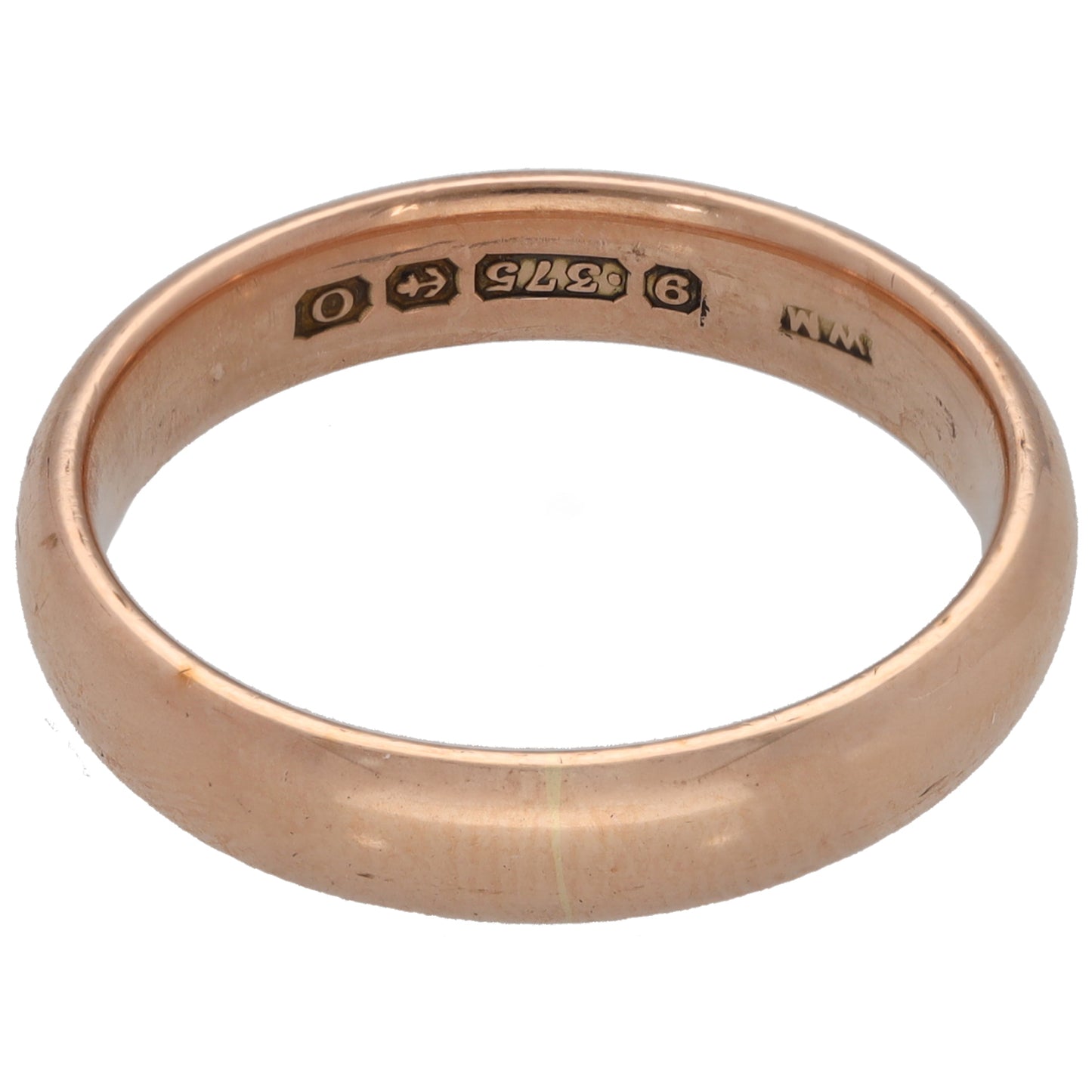 9ct rose gold wedding ring inside view with hallmarks and size S engraving
