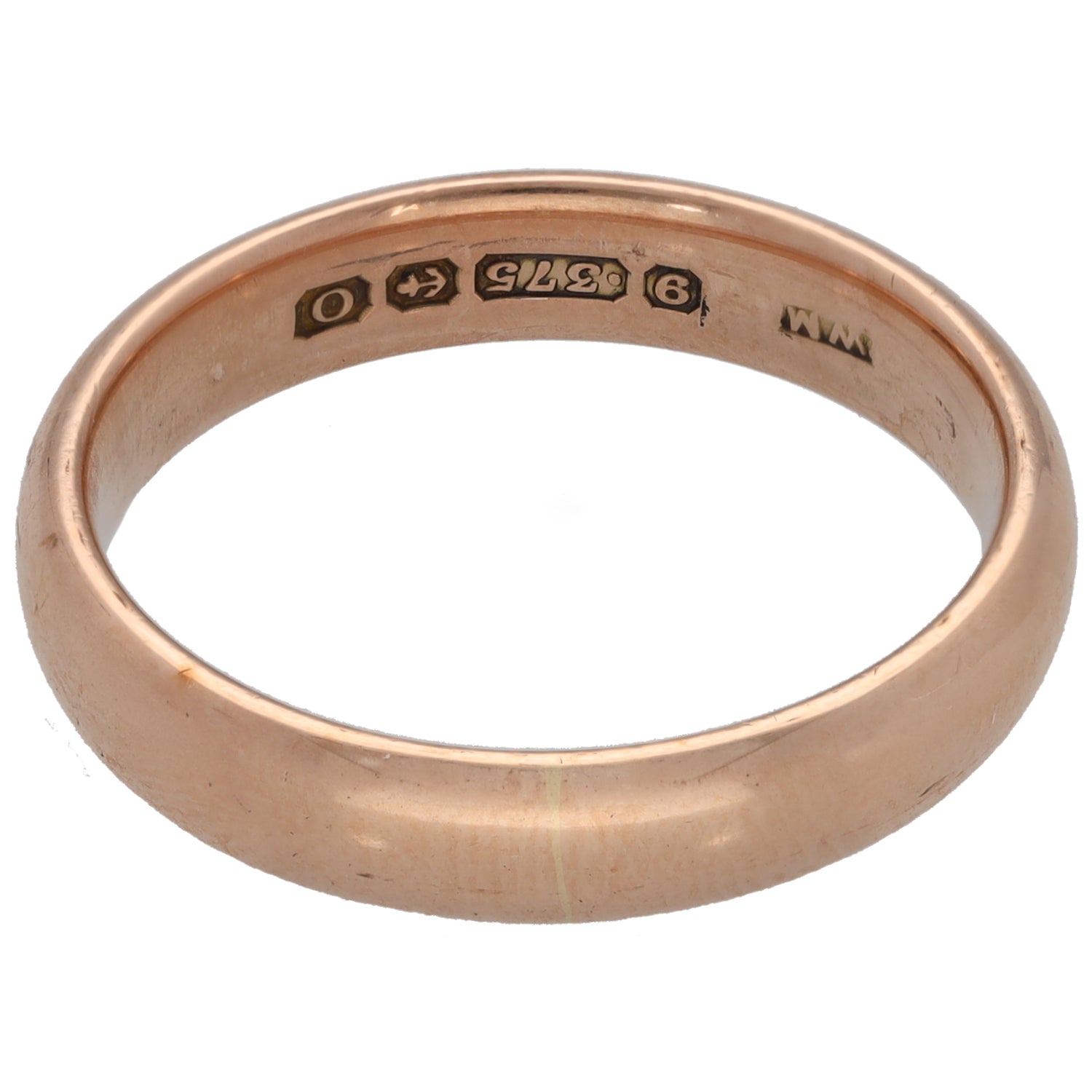 9ct rose gold wedding ring inside view with hallmarks and size S engraving
