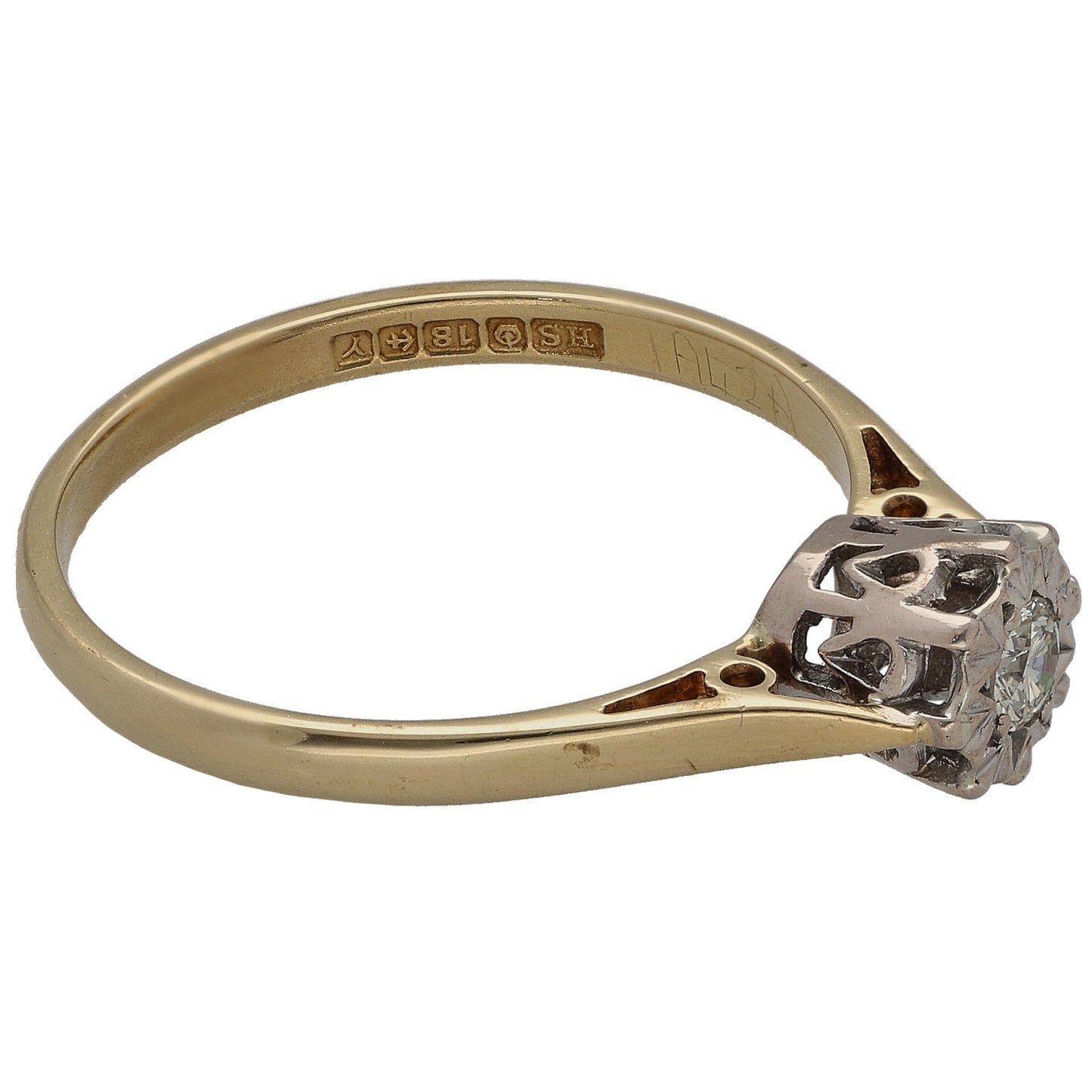 18ct yellow gold solitaire ring with round diamond, side view prong setting